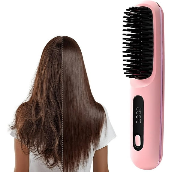 2026 Upgrade Cordless Hair Straightener Brush, Portable Mini Fast Heating Comb with LCD Display, 3 Temp Settings, USB Rechargeable Wireless Hair Straightening Styling Tool for Travel Women