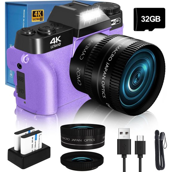 2026 Upgrade Digital Camera for Photography Vlogging Camera for YouTube with WiFi, 180? Flip Screen, 16X Digital Zoom, 52mm Lens, 2 , 32GB SD Card()