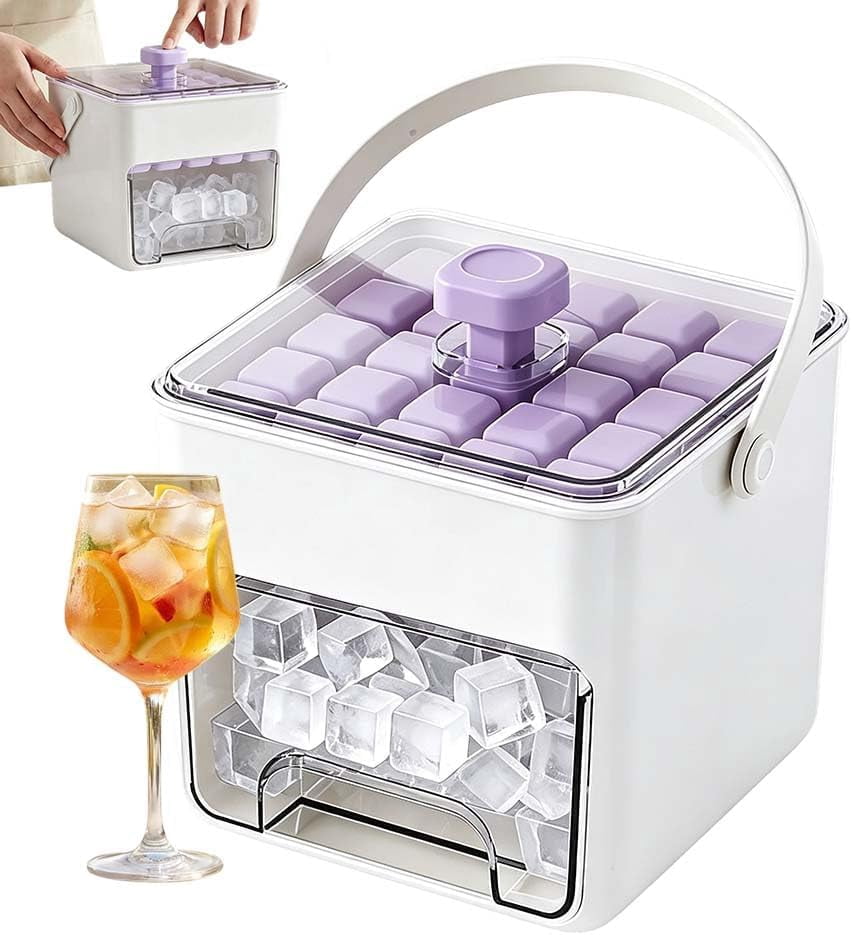 2026 Upgrade Double-Deck Portable Ice Cube Tray, 50 Cube Ice Maker with Easy Press Lid, Ice Cube Mold Maker Container Box for DIY Whiskey Cocktail Coffee Beverages (purple)