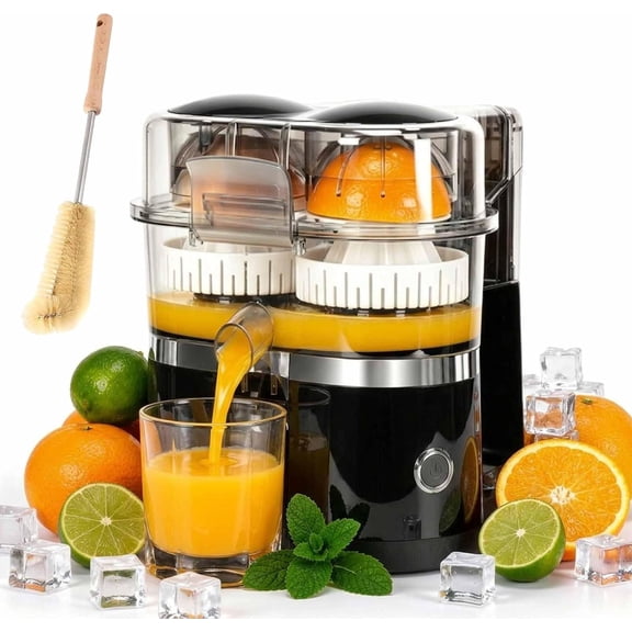 2026 Upgrade Dual-Head Automatic Citrus Juicer with Cleaning Brush - Detachable for Easy Cleaning, One-Touch Juicing, Efficient Pulp Separation, 2-Speed Control, for Orange, Lemon, Lime (Black)