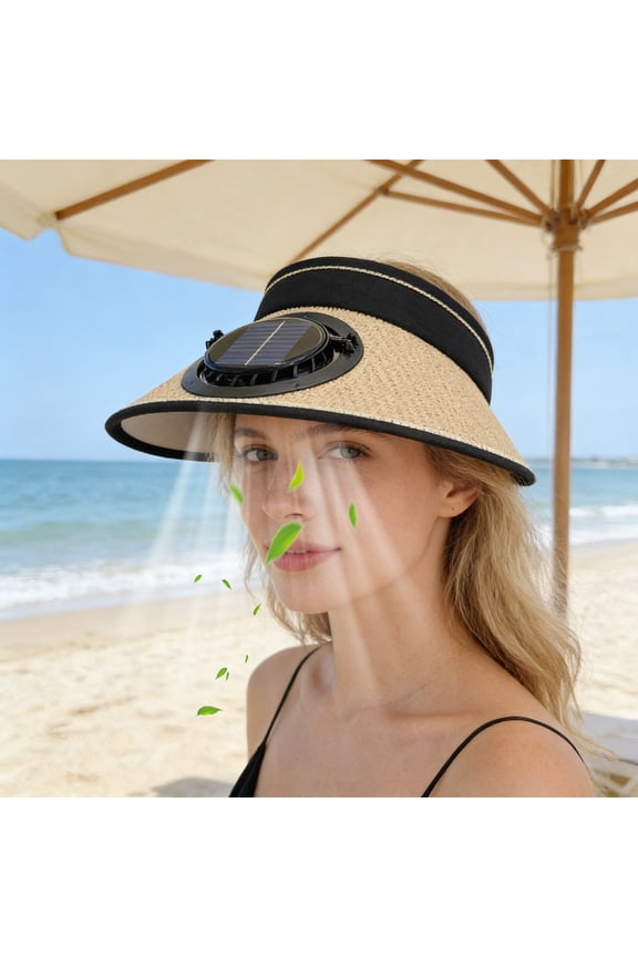 2026 Upgrade Dual Power Solar USB Straw Fan Hat, Wide Brim Sun Protection Visor, Breathable Outdoor Cooling Hat for All Ages, 22.05x4.72x3.94in Khaki