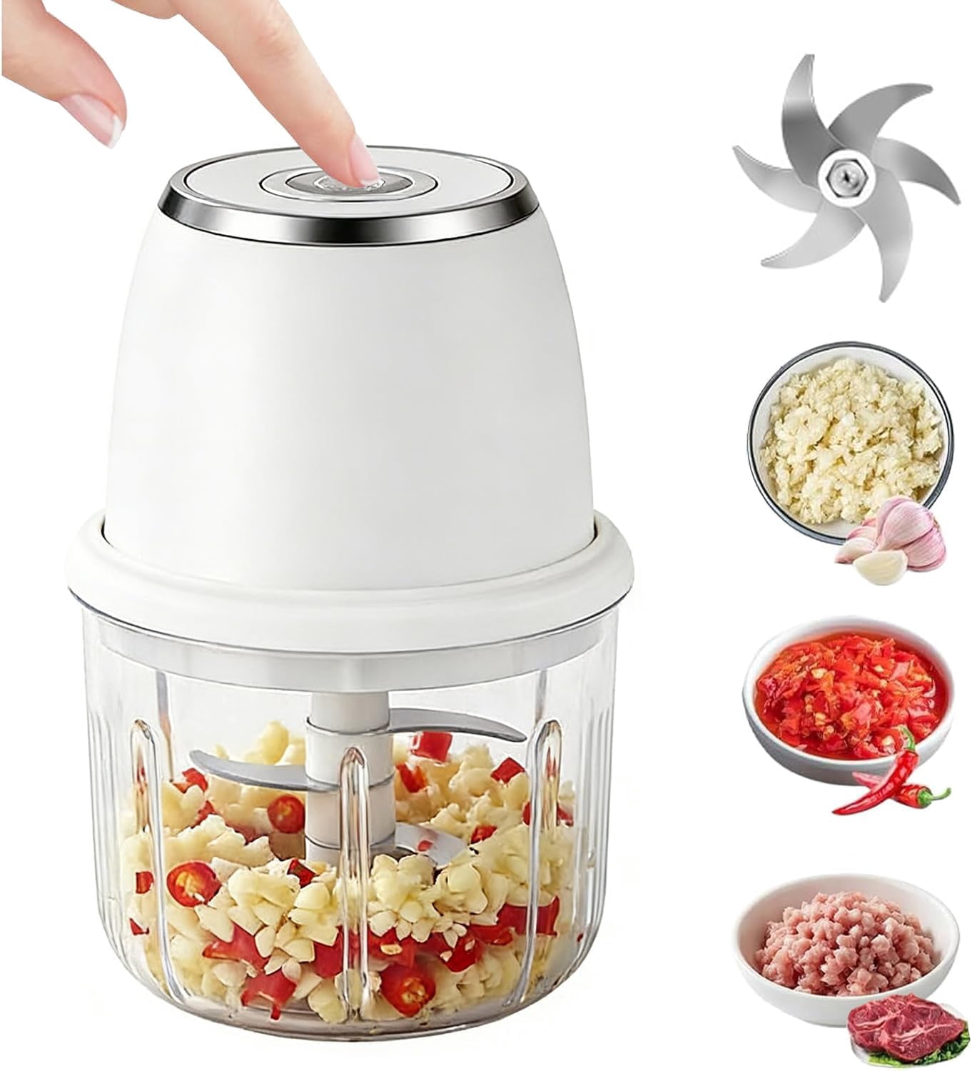 2026 Upgrade Electric Garlic Chopper, Mini Electric Food Chopper, 350ml with 6 Stainless Steel Blades & Thickened Glass, Cordless Food Processor for Chili, Ginger, Nuts, Meat and Fruits(xxw)