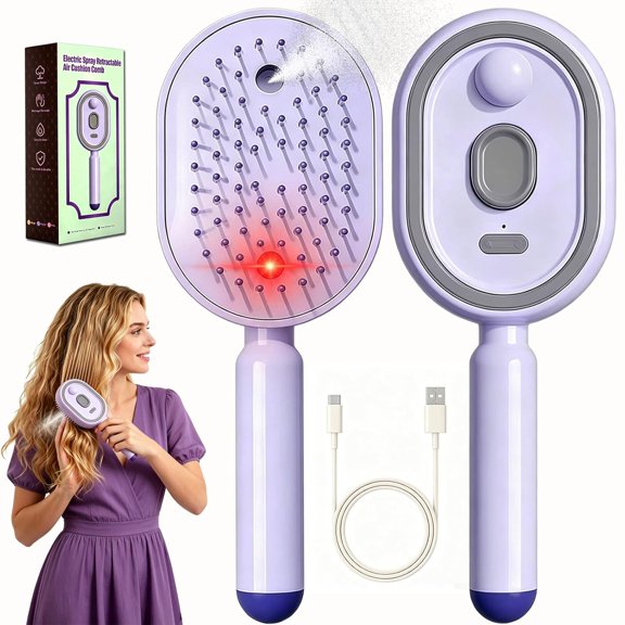 2026 Upgrade Electric Spray Air Cushion Massage Comb, 5-in-1 Self-Cleaning Steam Brush for Hair, Anti-Tangle Gloss Detangling Air Cushion Brush for Dry Frizzy Long Short Women Hair (Purple)