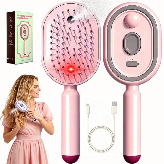 2026 Upgrade Electric Spray Air Cushion Massage Comb, 5-in-1 Self-Cleaning Steam Brush for Hair, Anti-Tangle Gloss Detangling Air Cushion Brush for Dry Frizzy Long Short Women Hair (Pink)