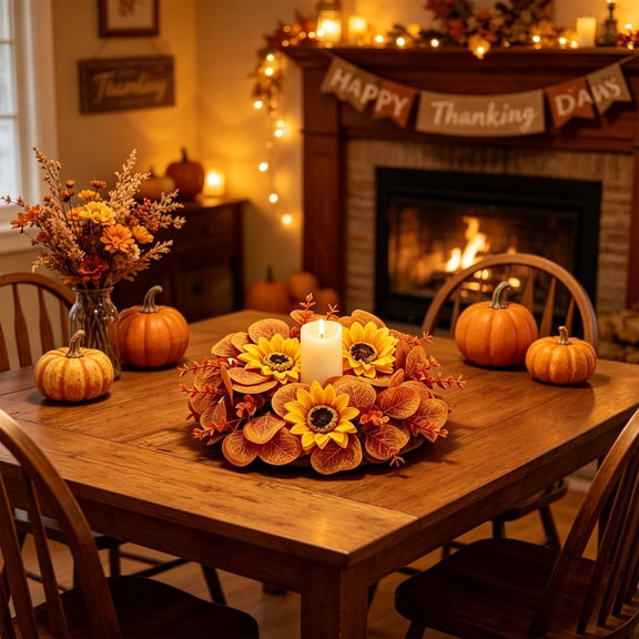2026 Upgrade Halloween Thanksgiving Candle Wreath Ring, Maple Leaf Sunflower Artificial Flower Candle Holder Garland, Tabletop Centerpiece Decor, 9.84in C