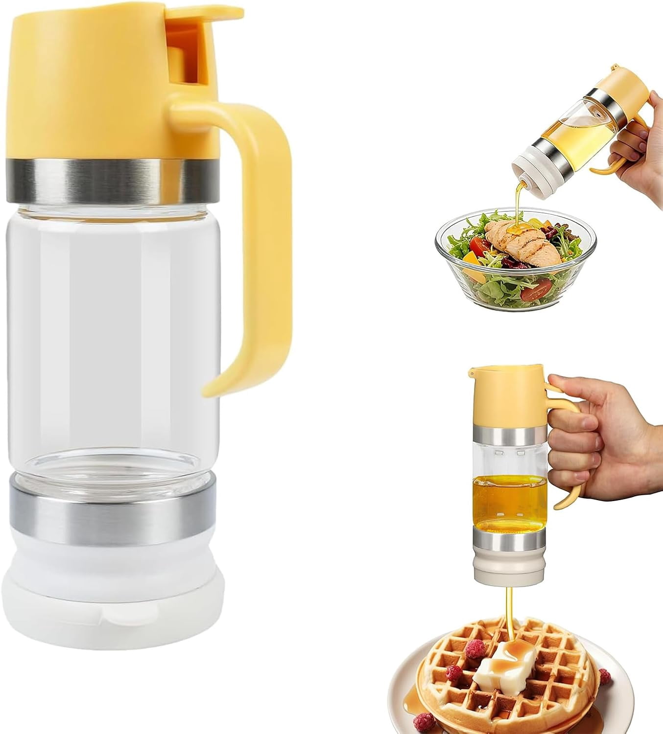 2026 Upgrade Honey Dispenser No Drip with Base, 12OZ Glass Honey Jar pot with Handle, Multi-Purpose Syrup Dispenser for Pancakes, Coffee, Tea, Salad & Simple Syrup (Yellow)