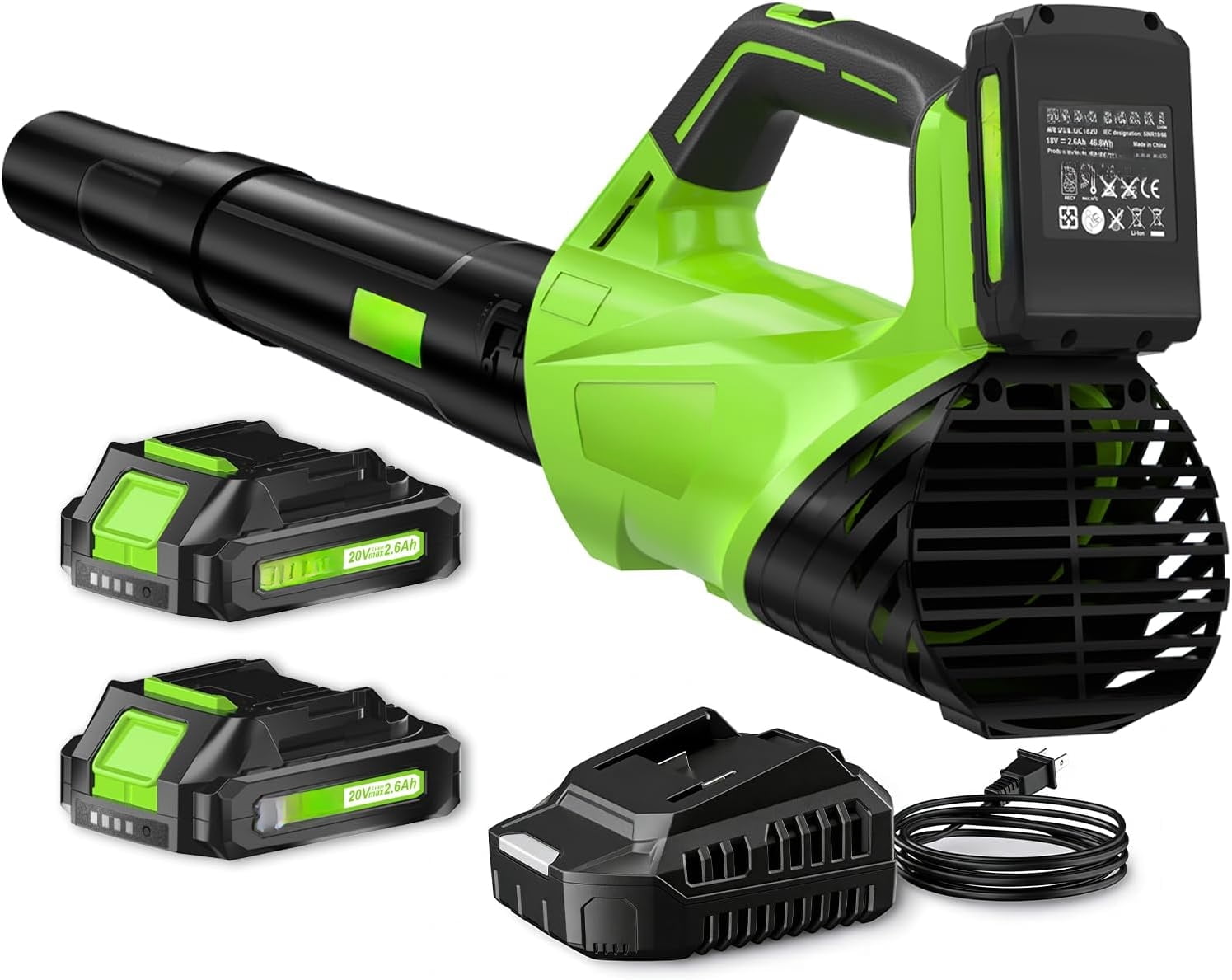 2026 Upgrade Leaf Blower, Leaf Blower Cordless with 2 * 2.6AH Batteries and Fast Charger, 450CFM &150MPH and 2 Speed Mode, Lightweight Electric Leaf Blowers for Lawn, Yard, Leaves, Dust Car (Green)