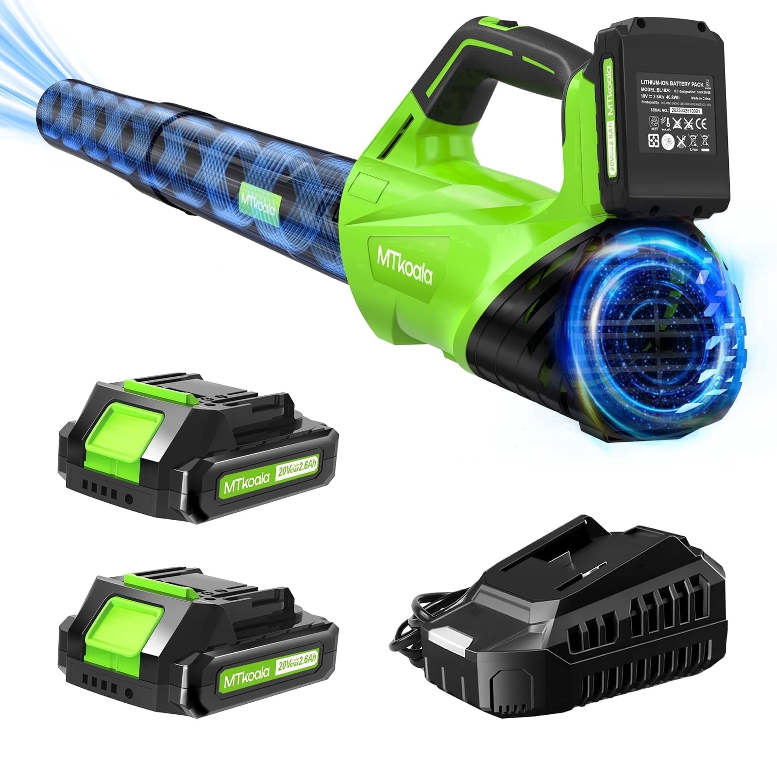 Cordless Leaf Blower, 2 * 20V 2.6AH Batteries and Fast Charger, Electric Leaf Blowers Up to 450CFM &150MPH, 2 Speed Mode, Lightweight for Lawn,Yard, Leaves, Dust Care (GREEN)