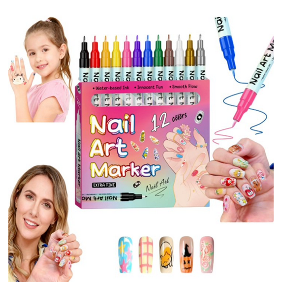 2026 Upgrade Magiart Nail Art Pens – 12-Color Set with 0.5mm Fine Tip, Waterproof Quick-Drying Markers for DIY 3D Gel Nail Designs & Salon Use 12PC