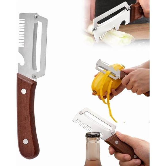 2026 Upgrade Multi-functional Vegetable Peeler, 3 in 1 Ktchen Multi-function Stainless Steel Thickened Fruit Peeler Knife with Wooden Handle, Suitable for Peeling Fruits and Shredding Scallions (1Pc)