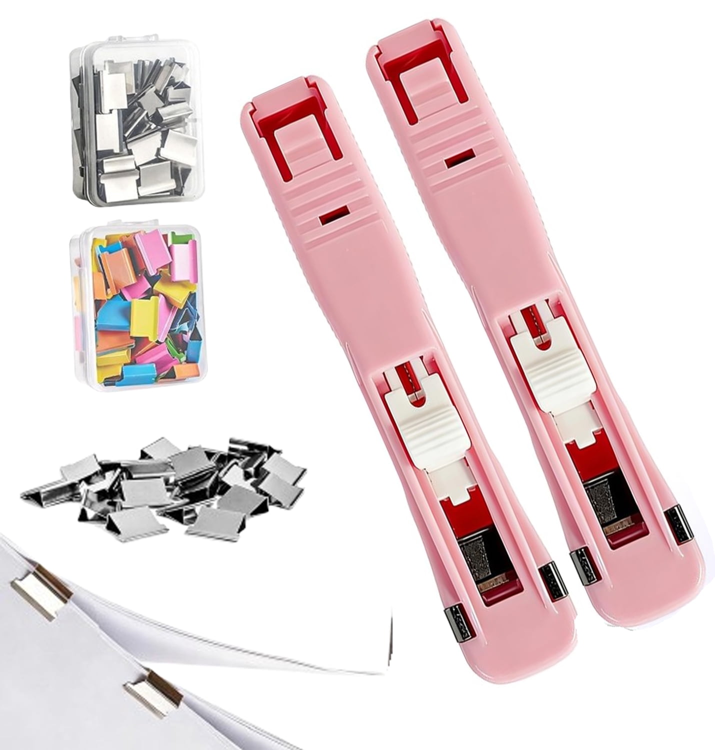 2026 Upgrade Portable Binder Clip Stapler, Includes 100 Reusable Clips, Handheld Paper Clip Dispenser, Mini Push Stapler Clamp Staplers for Handheld Paper Clam Clip Dispenser