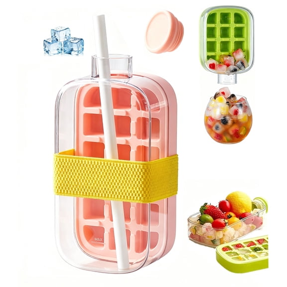 2026 Upgrade Portable Ice Cube Bottle with Built-In Ice Mold, 3 in 1 ice cube cup with Straw,Reusable Press to Release Touch Free Ice Tray Leak Proof Lid(28 OZ,pink)