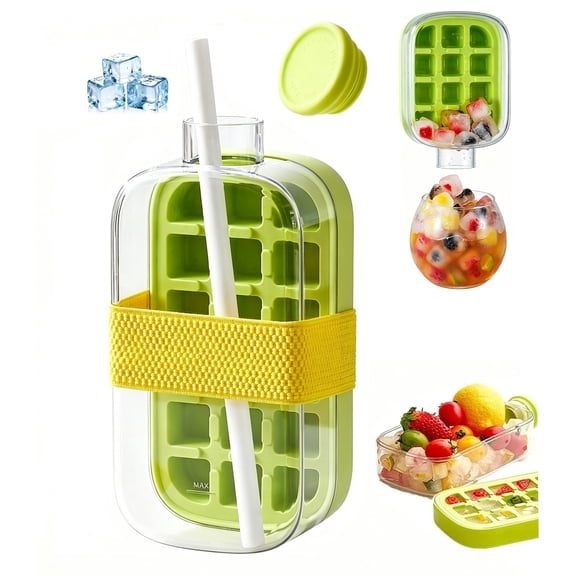 2026 Upgrade Portable Ice Cube Bottle with Built-In Ice Mold, 3 in 1 ice cube cup with Straw,Reusable Press to Release Touch Free Ice Tray Leak Proof Lid(Green,28 OZ)