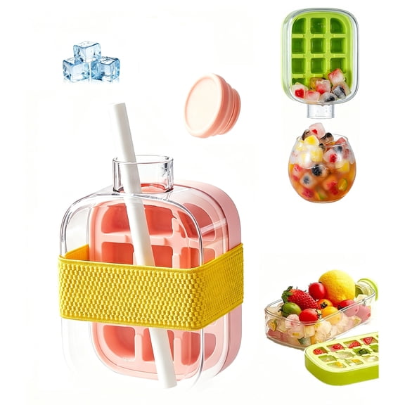 2026 Upgrade Portable Ice Cube Bottle with Built-In Ice Mold, 3 in 1 ice cube cup with Straw,Reusable Press to Release Touch Free Ice Tray Leak Proof Lid(pink)