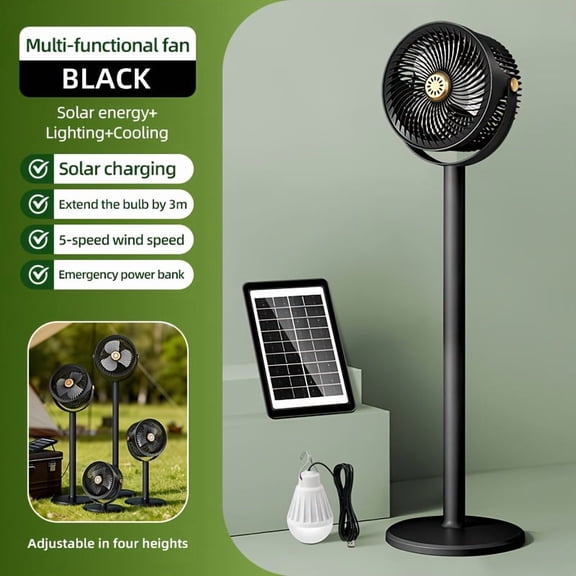 2026 Upgrade RV 33-inch Solar Floor/USB Fan, 4000mAh Rechargeable Mobile Fan, 2-in-1 Fan/Power Bank, 360° Up & Down Adjustment, 5-Speed Wind, 4 Heights Adjustable, Indoor/Outdoor Courtyard Use