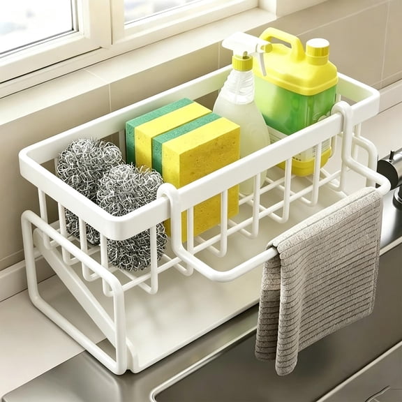 2026 Upgrade Sloped Sink Drain Rack, Kitchen Faucet Dishcloth Storage Organizer, Multi Purpose Countertop Sponge Holder, 9.06x4.33x3.54in White