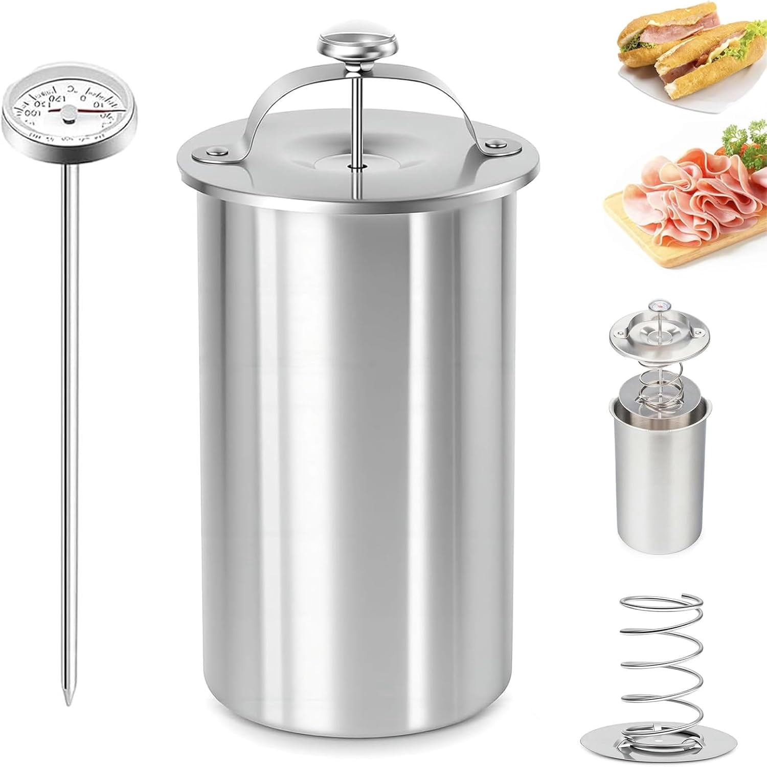 2026 Upgrade Stainless Steel Deli Meat Press with Thermometer Spring, Meat Press Mold for Deli Meats Homemade Ham Maker Lunch Meats Presss for Healthy Home Cooking (Fixed Handle)