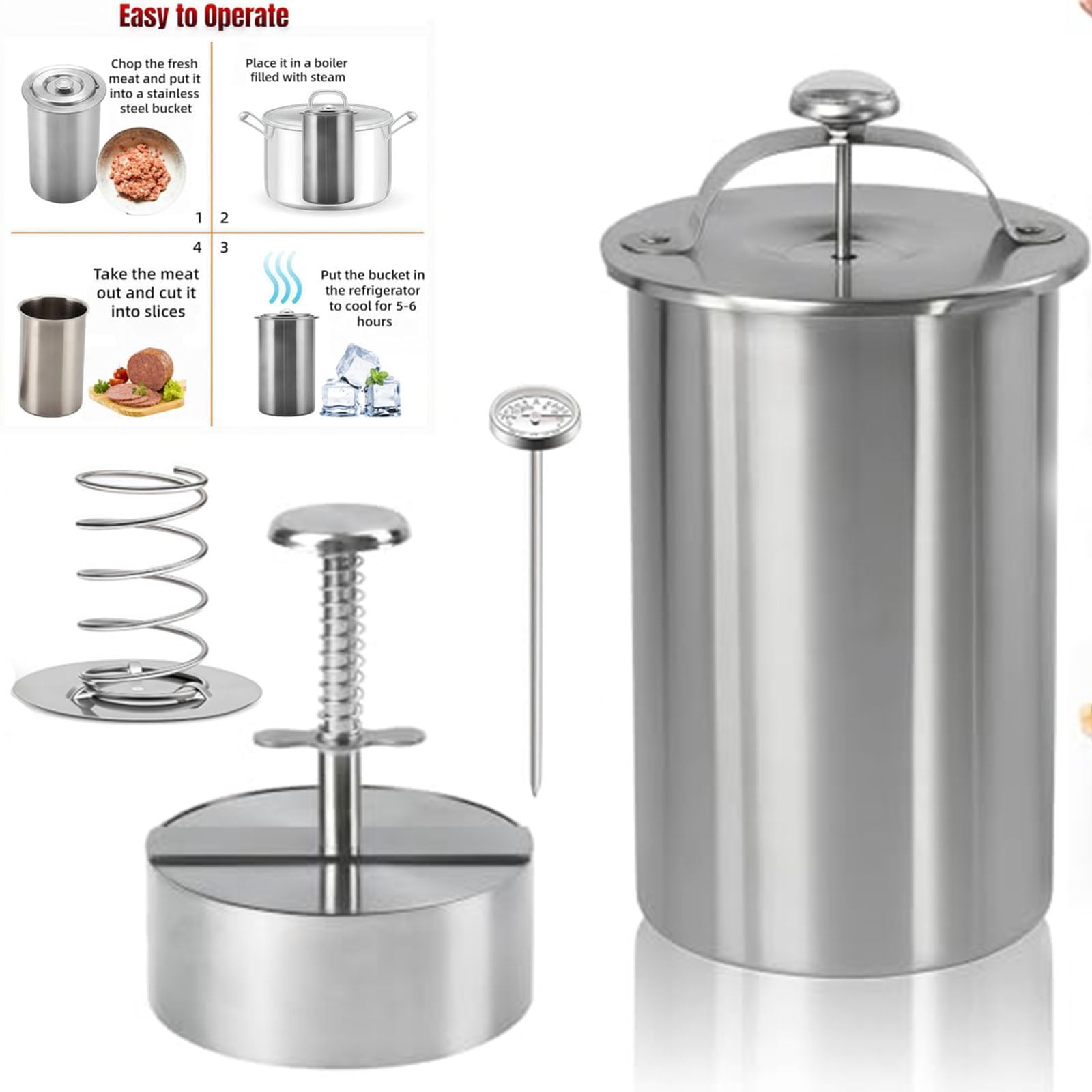 2026 Upgrade Stainless Steel Deli Meat Press with Thermometer, Spring Mechanism & Handle, Meat Press Mold for Deli Meats Homemade Ham Maker Lunch Meats Presss