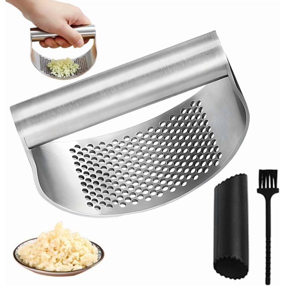 2026 Upgrade Stainless Steel Garlic Press Rocker, Heavy Duty Garlic Mincer Chopper with Peeler & Cleaning Brush