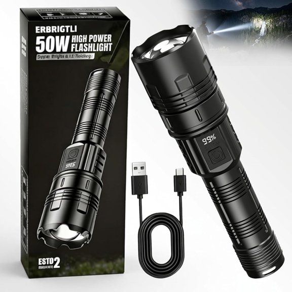 2026 Upgrade Super Strong Light Zoomable Flashlight - 7500 Lumens / 1800mAh, 3 Modes Adjustable Focus, Rechargeable, IPX7 Waterproof LED Flashlight for Outdoor Survival, Camping, Emergency & EDC