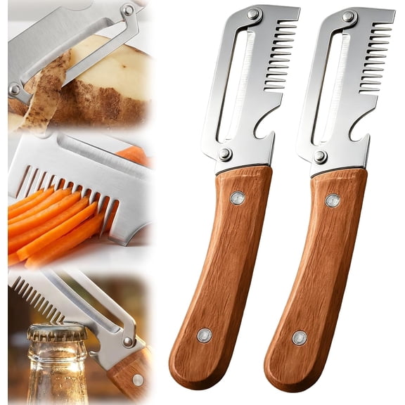 2026 Upgrade Vegetable Peeler and Julienne Peeler Set, Stainless Steel Vegetable Peelers for Kitchen with Wood Handles and Bottle Opener, 2-Pcs Multifunctional Vegetable Peeler Set