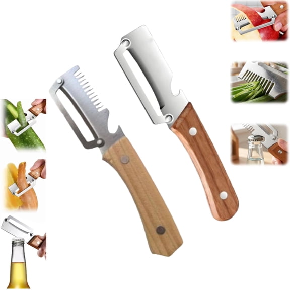 2026 Upgrade Vegetable Peeler With Wooden Handle, Stainless Steel Wide Blade Potato and Carrot Peeler, 3-in-1 Veggie Peeler With Scallion Shredder and Bottle Opener for Kitchen, Camping and Travel