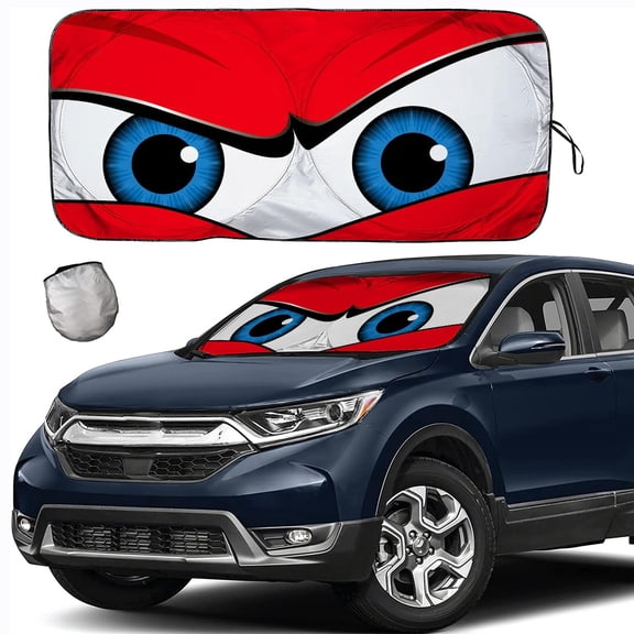 [2026 Upgrade] Windshield Sunshade for Cars - Cartoon Eyes Design, Universal Fit for 46”-64” x 34”, Heat Reduction and UV Protection, Foldable Sun Visor for Front Windshield,63 L x 34" W