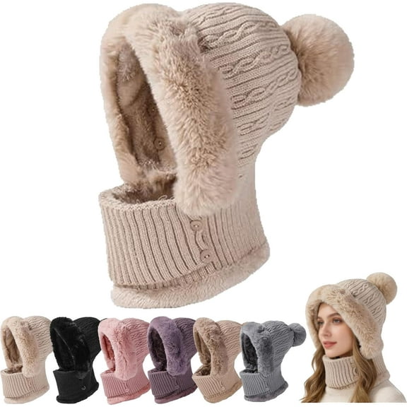 2026 Upgrade Women's 3-in-1 Winter Balaclava Beanie Hat – Fleece Lined Knit Pom Pom Hat with Ear Flaps, Neck Scarf & Face Mask | Cozy Windproof Cold Weather Set