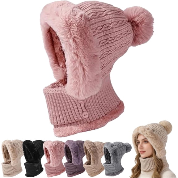 2026 Upgrade Women's 3-in-1 Winter Balaclava Beanie Hat – Fleece Lined Knit Pom Pom Hat with Ear Flaps, Neck Scarf & Face Mask | Cozy Windproof Cold Weather Set