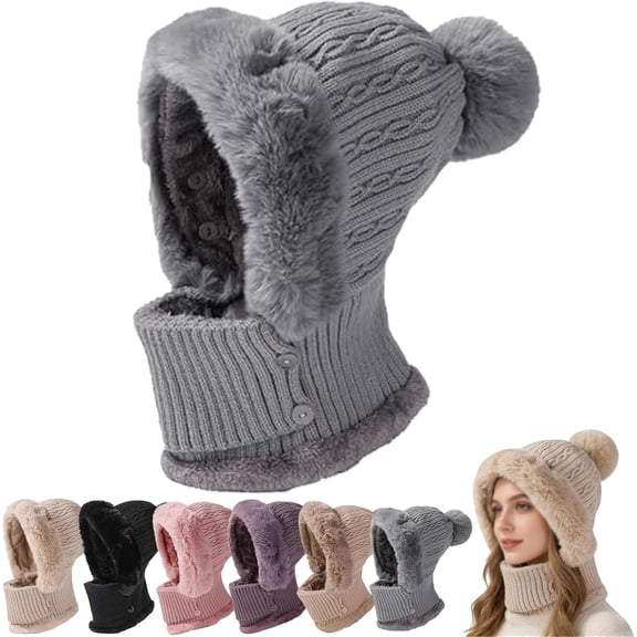 2026 Upgrade Women's 3-in-1 Winter Balaclava Beanie Hat – Fleece Lined Knit Pom Pom Hat with Ear Flaps, Neck Scarf & Face Mask | Cozy Windproof Cold Weather Set