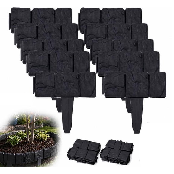 2026 Upgraded 10PCS Garden Edging Border Imitation Stone Garden Fence Cobbled Effect Landscape Edging Border Interlocking Flower Bed Edging Borders for Lawn Yard Landscaping (Black)