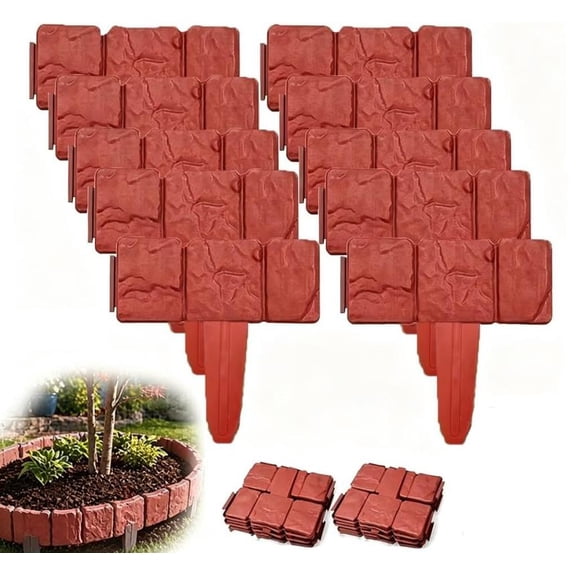 2026 Upgraded 10PCS Garden Edging Border Imitation Stone Garden Fence Cobbled Effect Landscape Edging Border Interlocking Flower Bed Edging Borders for Lawn Yard Landscaping (Red)