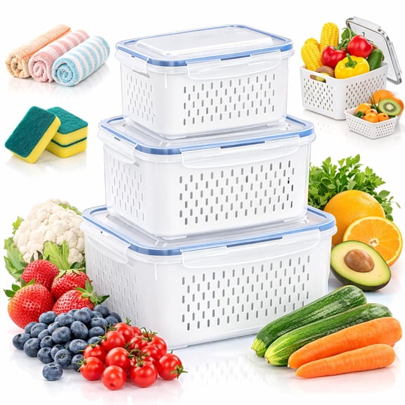 2026 Upgraded 4 in 1 Food Storage Container, Fruit Storage Containers for Fridge with Removable Colanders, Household Transparent Plastic Food Storage Box-Including Drain Basket