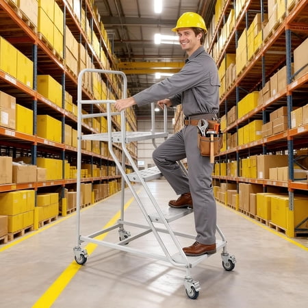 2026 Upgraded 4 Step Rolling Ladder with Wheels Non-Slip Stairs with Stair Edge Protector Steel Platform Ladders 880lbs Capacity for Warehouse Library Garage(US Fast Arrival) Grey