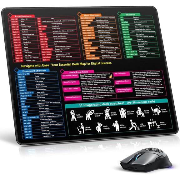 ?2026 Upgraded ? 490 x 420 x 5mm Excel Mousepad | Excel//PowerPoint/Windows Shortcuts Pad | Anti-Slip Base Anti-Fray | Designed for Gamer Office Work
