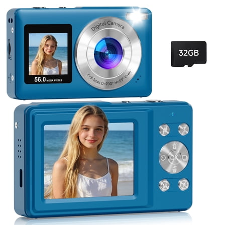 2026 Upgraded 56MP Dual Screens Digital Camera, Compact Cameras Built-in Battery with 16X Zoom Auto Focus Travel Cameras with Smile Capture 32GB SD Card Anti Shake for Kids Teens(Blue)