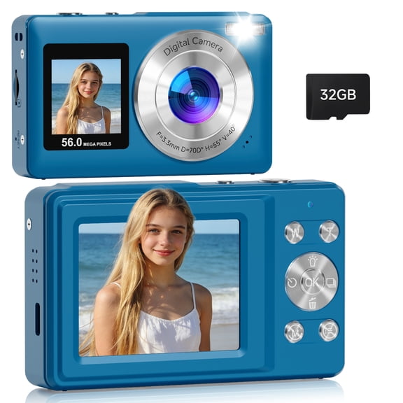 2026 Upgraded 56MP Dual Screens Digital Camera, Compact Cameras Built-in Battery with 16X Zoom Auto Focus Travel Cameras with Smile Capture 32GB SD Card Anti Shake for Kids Teens(Blue)