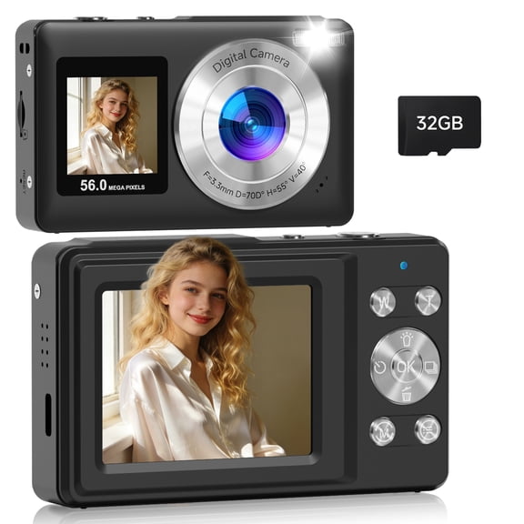 2026 Upgraded 56MP Dual Screens Digital Camera, Compact Cameras Built-in Battery with 16X Zoom Auto Focus Travel Cameras with Smile Capture 32GB SD Card Anti Shake for Kids Teens(Black)