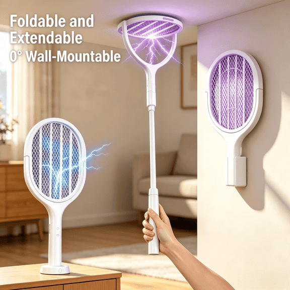 2026 Upgraded 6-in-1 Rotating Portable Multi-Function Electric Mosquito Swatter, Featuring A Telescopic Extension Pole, 90 Rotating Mesh for Wall-hugging Use, USB Rechargeable