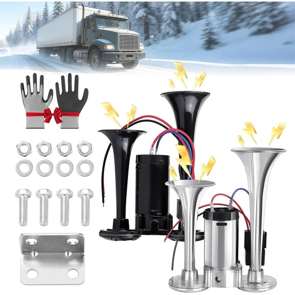 2026 Upgraded 600db Dual-Tone Metal Car Horn, 12-24V Electric Impact Train Horn for Truck/Car with Upgraded Air Compressor, Air Horns for Truck/Bus/Ship/Suv/Cars Accessories (Silver*1+Black*1)