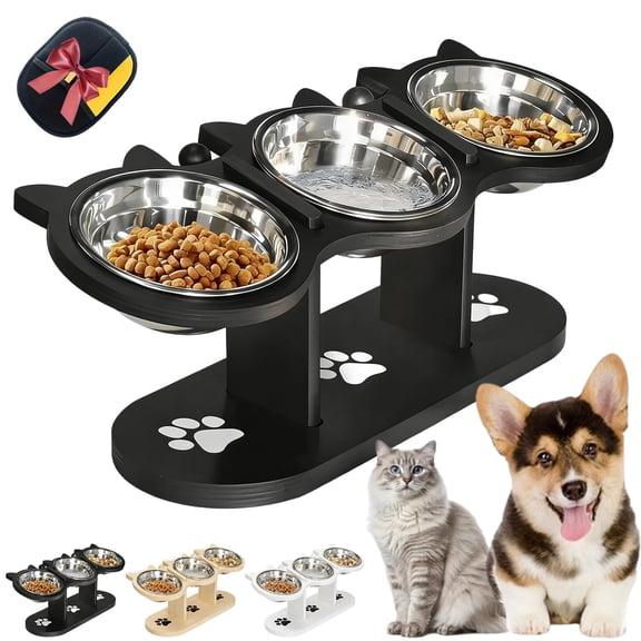 2026 Upgraded Anti-Slip Elevated 3-Bowl Pet Feeder, Cat Feeding Station with 3 Stainless Steel Bowls, 15° Tilted Adjustable Height Raised Pet Food Bowls with Stand for Dogs and Cats