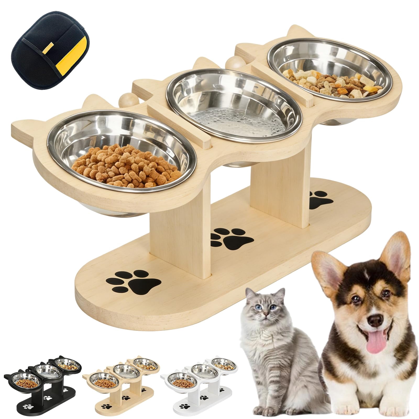 2026 Upgraded Anti-Slip Elevated 3-Bowl Pet Feeder, Cat Feeding Station with 3 Stainless Steel Bowls, 15° Tilted Adjustable Height Raised Pet Food Bowls with Stand for Dogs and Cats