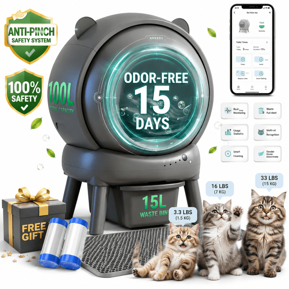 2026 Upgraded Automatic Cat Litter Box 2-Way Odor Remover,Self-Cleaning Litter Box for Multiple Cats, 40 Trash Bags & App Control, True Integration & Structure Safety