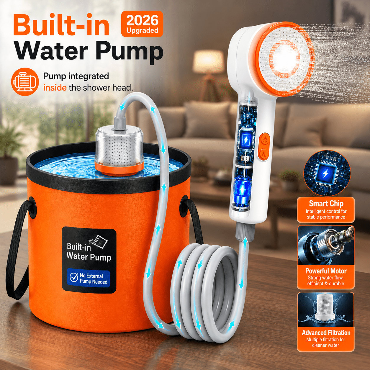[2026 Upgraded Built-in Water Pump] Rechargeable Filtered Shower Head ...