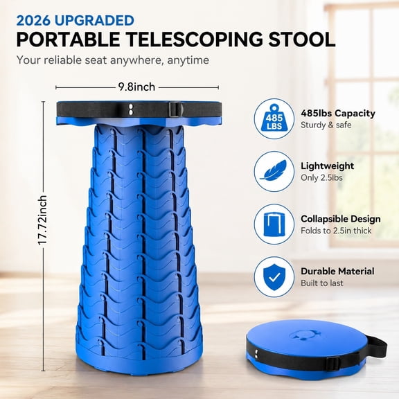 2026 Upgraded Collapsible Folding Stool, Portable Telescoping Camping Seat, Heavy Duty 485lbs Load, Square Retractable Chair for Hiking, Fishing, Gardening, BBQ - Blue