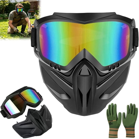 2026 Upgraded Detachable Full Face Goggle Mask, Anti-Fog Grass Cutting Goggles for Welding, Riding, Windproof Paintball Mask