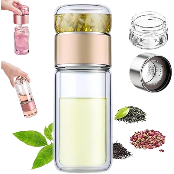 2026 Upgraded Glass Tea Infuser, 3-in-1 Design Double Layer Borosilicate Glass Infuser Mug with Built-in Strainer for Tea Water Separation & Loose Leaf Brewing