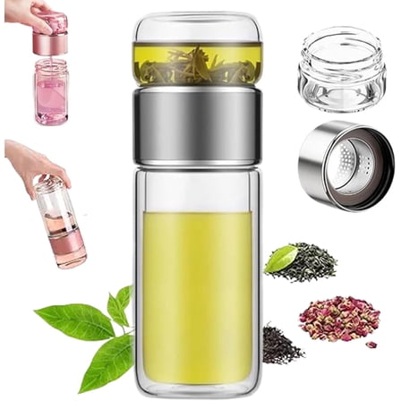 2026 Upgraded Glass Tea Infuser, 3-in-1 Design Double Layer Borosilicate Glass Infuser Mug with Built-in Strainer for Tea Water Separation & Loose Leaf Brewing