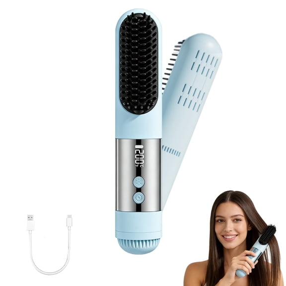 2026 Upgraded Go Brush Pro for Short Hair, 3 Heat Settings for All Hair Types, 30s Fast Heat, Ionic & Ceramic Care, Cold Air Mode, 2500mAh USB-C Rechargeable Straightening Brush (Sky Blue)