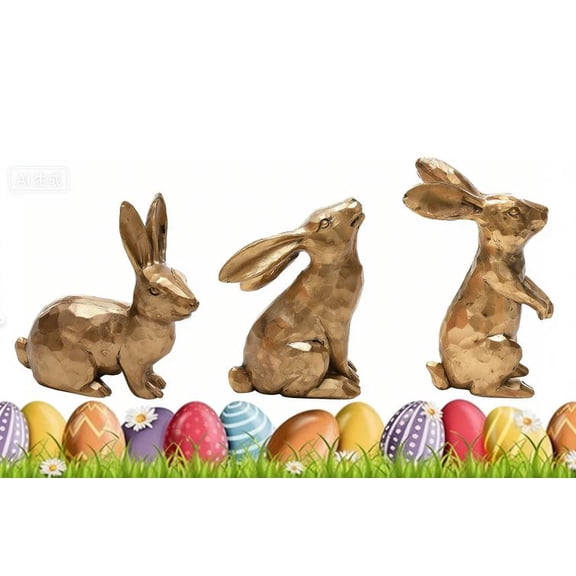 2026 Upgraded Gold Easter Bunny Decor, Set of 3 Modern Geometric Resin Rabbit Figurines - Elegant Easter Decorations & Spring Table Centerpiece, Gold Statue for Home, Office, Mantel, Shelf, Gift Idea